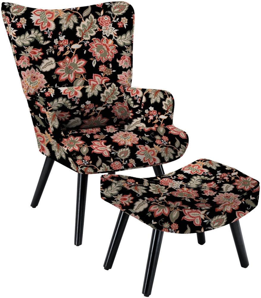 HomeMiYN Leinen-Sessel mit Roten Blumen auf Schwarz - inkl. Fu?hocker H 69.5x T 43.5 x B 69cm Bild 1