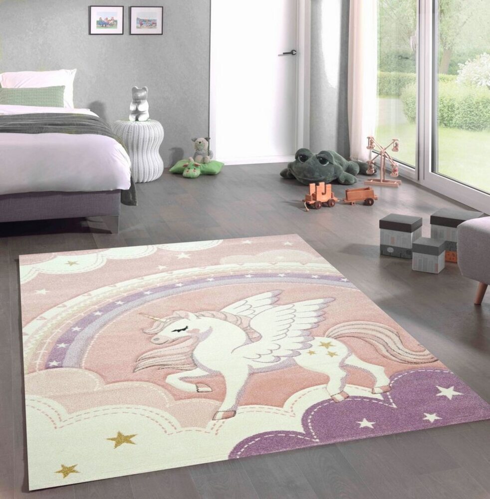 Carpetia Kinderteppich Spiel Teppich Kinderzimmer Himmel Wolken Regenbogen Einhorn rosa creme, rechteckig, Höhe: 1.3 mm Bild 1