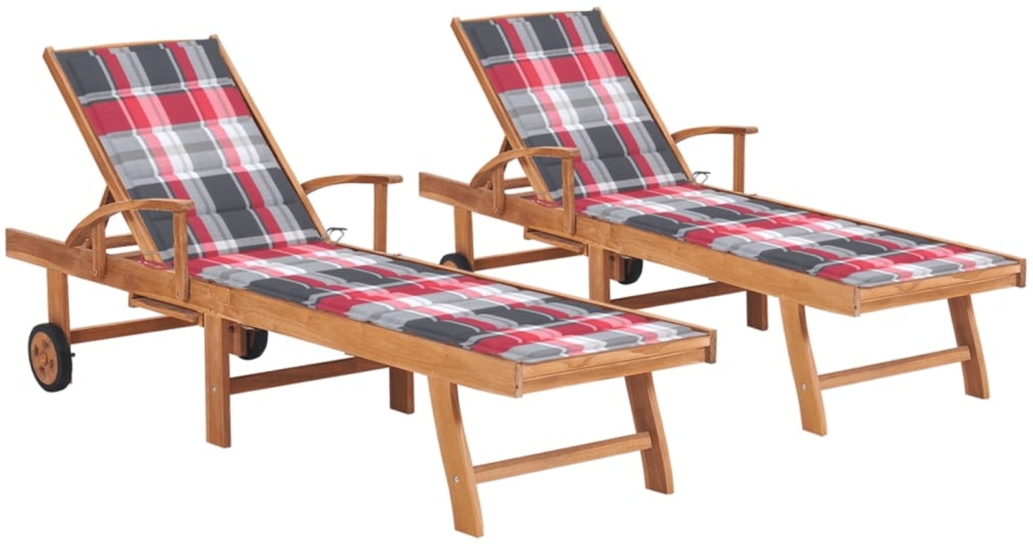 vidaXL Sonnenliegen 2 Stk. Auflagen Rotes Karomuster Massivholz Teak 3073199 Bild 1