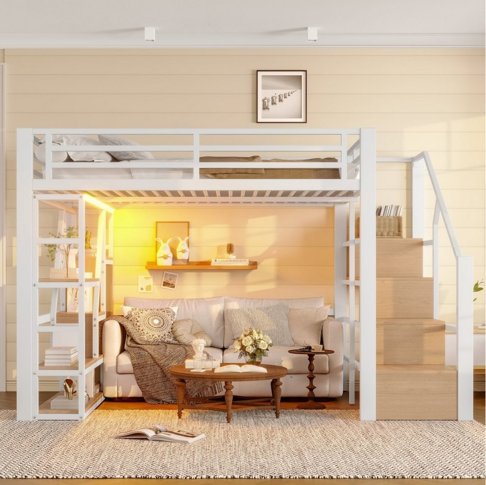 Odikalo Hochbett Metallbett 140x200 mit Stauraum & LED (Hochbett, 140 x 200 cm, Eisenrahmen, Ablagefach, integrierte Stufen, Schutzgeländer, Leiter, mit LED-Lichtleiste, offener Stauraum unter dem Bett, Matratze nicht im Lieferumfang enthalten, Schwarz... Bild 1