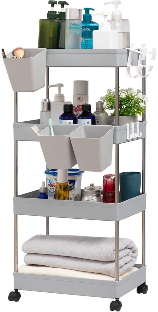 Aufbewahrungswagen Rollwagen 4 Ebenen Räder 3 Hängebechern Mehrzweck Grau Bild 1