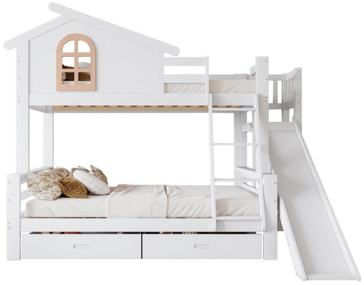 Odikalo Kinderbett Etagenbett Treppenbett Fenstern Kipptreppe Rutsche Schubladen Weiß Bild 1