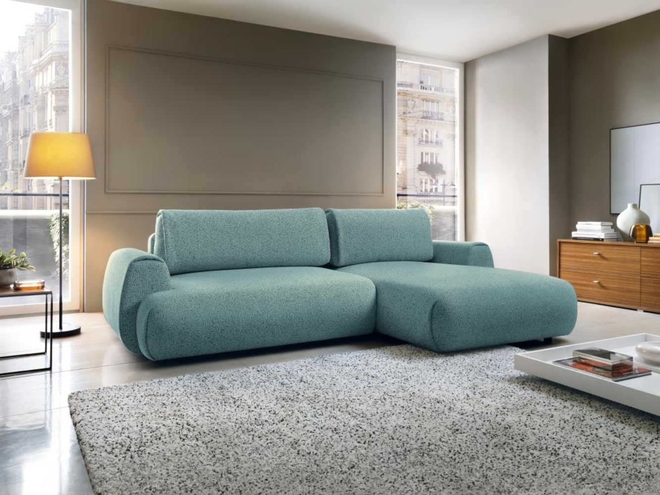 Vente-unique - Ecksofa mit Schlaffunktion - Ecke rechts - Strukturstoff - Blau - MONELIA Bild 1