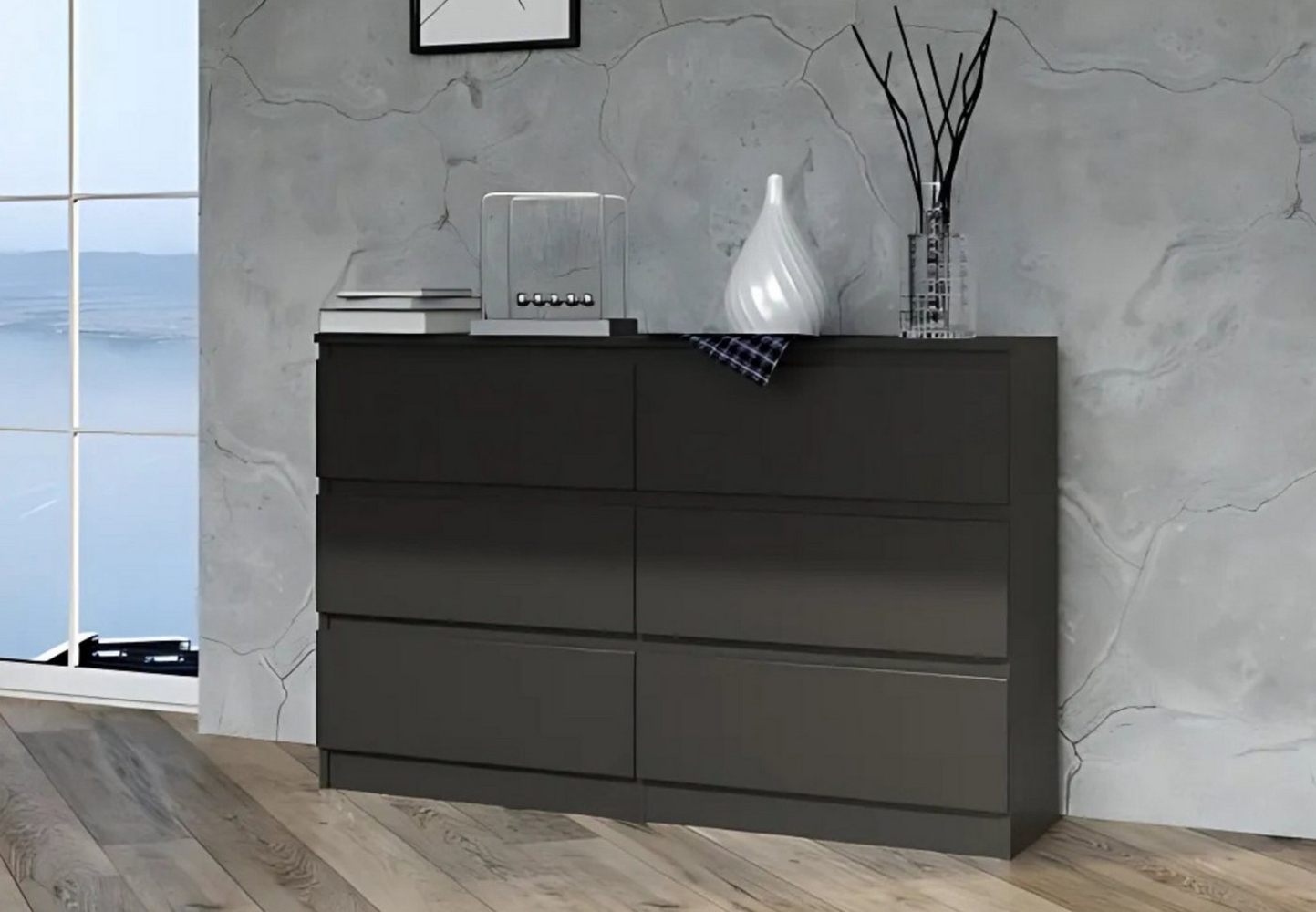 Home Collective Kommode Highboard Sideboard für Flur Schlafzimmer Wohnzimmer (Perfekt für Wohnzimmer, Schlafzimmer oder Esszimmer), mit 6 Schubladen, Breite 120 cm Höhe 75, Schwarz Bild 1