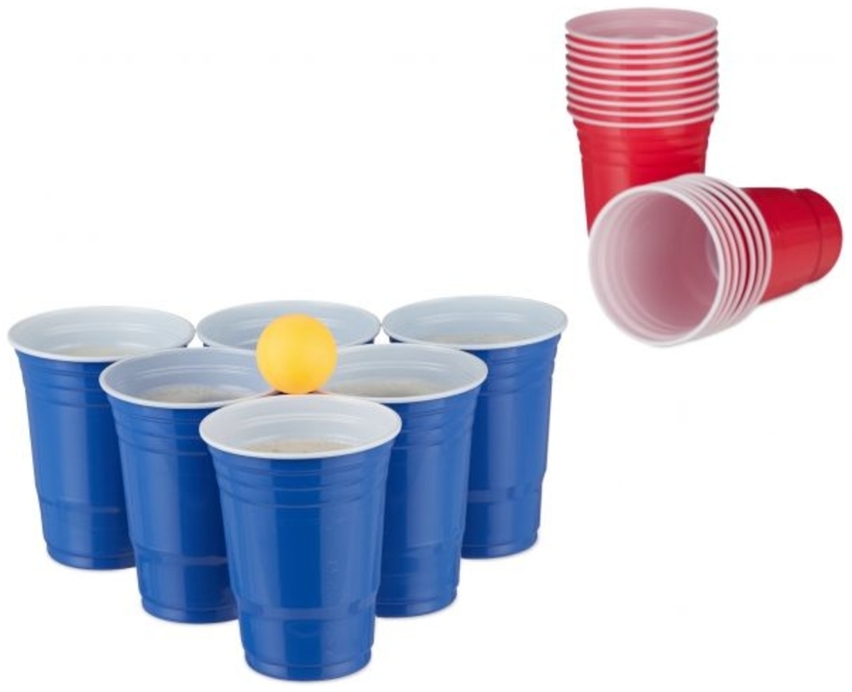 Relaxdays Bierpong Becher Set mit Bällen, 50 Stück, Kunststoff rot / blau, 473 ml Bild 1