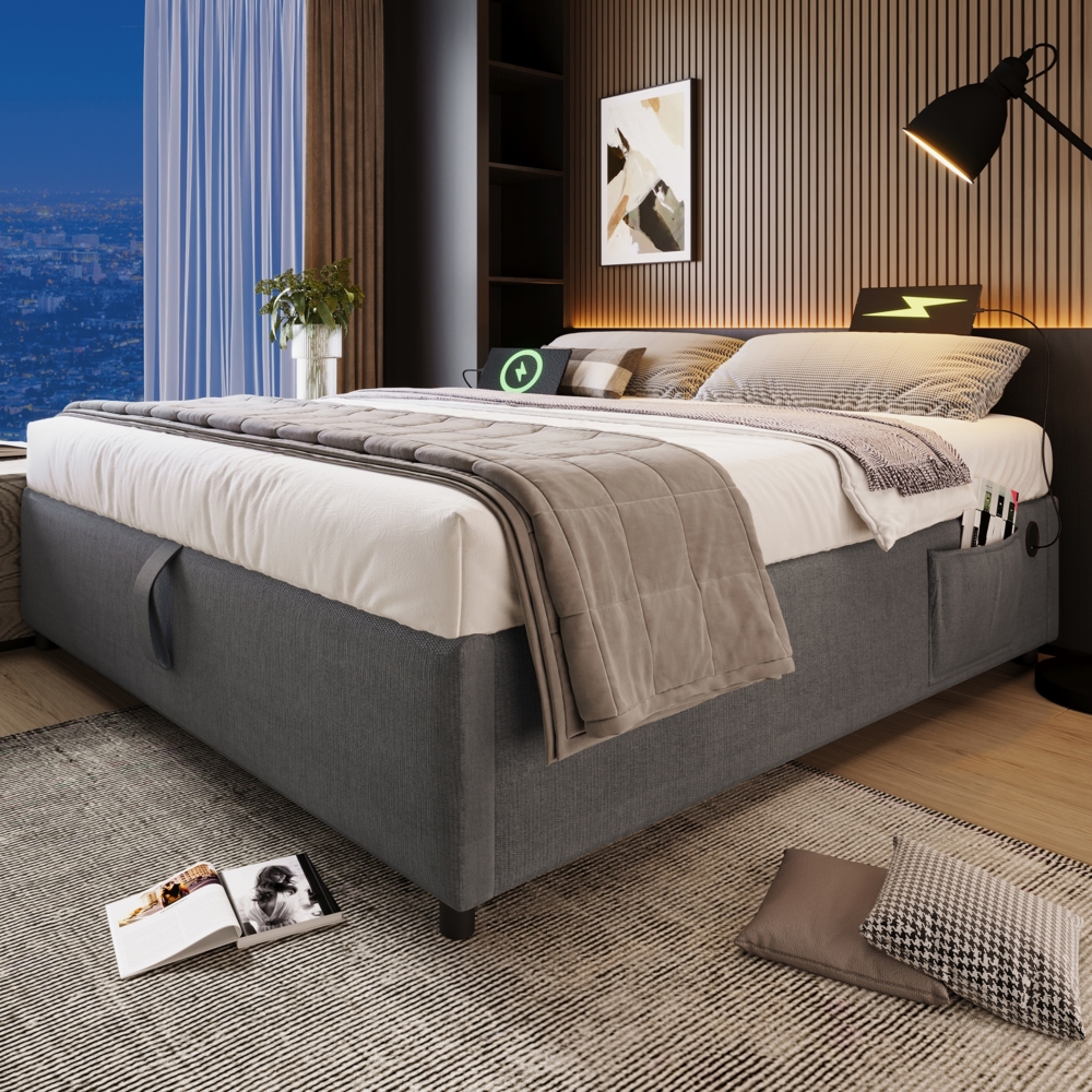 OKWISH Polsterbett Ohne Kopfteil (Funktionsbett, Struraumbett Hydraulisch mit Bettkasten, 1-tlg, 140x200 cm, ohne Matratze), mit USB- C, Seitentasche und Vollflächiger Lattenrost Bild 1