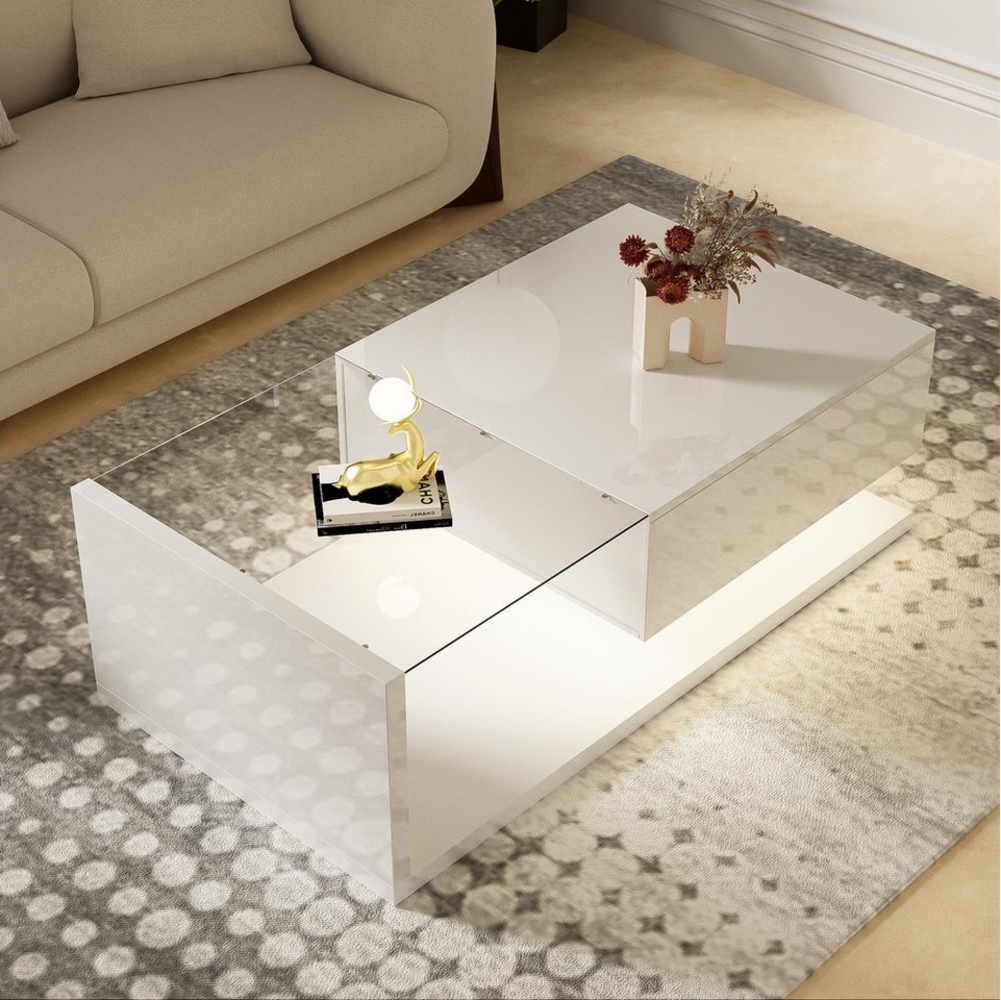 Merax Couchtisch mit Schublade und Glastischplatte, hochglanz mit LED, 105 x 32,5 x 55 cm Bild 1