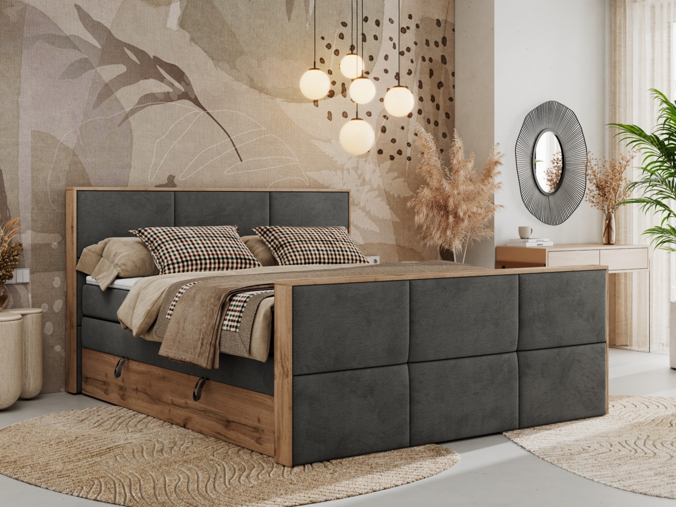 Doppelbett, Boxspringbett mit zwei Multipocket-Matratzen und ein Topper, Bettkästen, Eiche Wotan Holzrahmen, genähtes Kopfteil und Front - ALBERO 2 KING DUO - 160 x 200 cm - Dunkelgrau Velours - H3 Bild 1