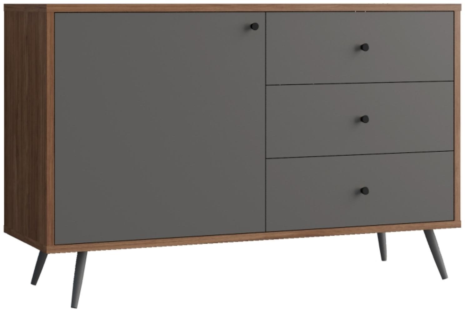 Sideboard 118 x 40 cm MDF Grau Walnuss mit Tür und 3 Schubladen und Metallfüßen Bild 1