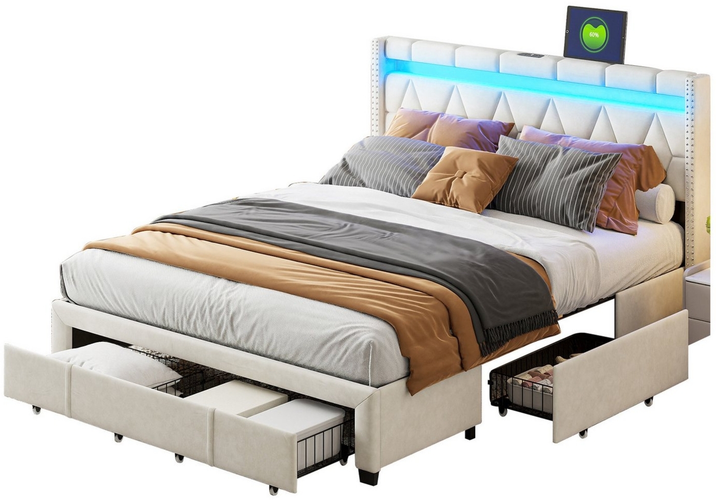 FUROKOY Polsterbett Doppelbett Stauraumbett mit 4 Schubladen mit Rädern und USB+Type C, 140x200 cm,Gepolstert,mit LED Licht,Schubladen mit Rädern,Beige Bild 1