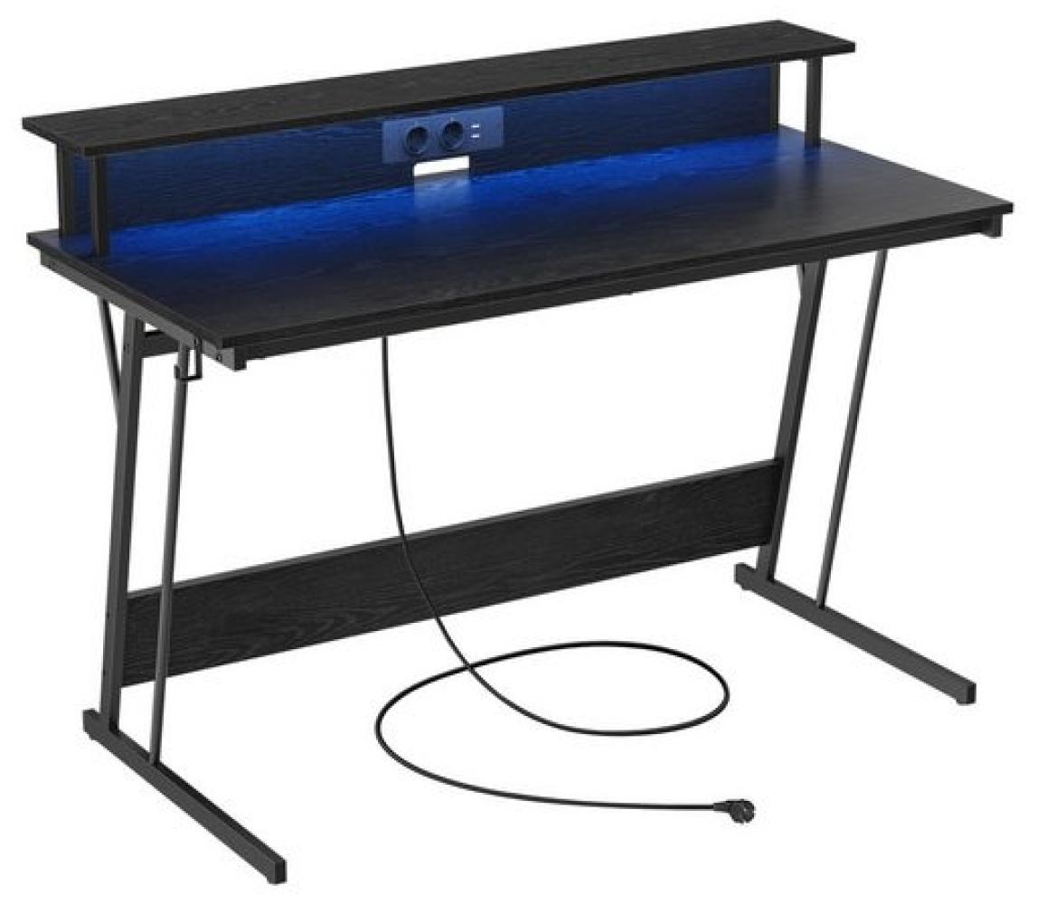 Vasagle Schreibtisch, Gaming Tisch mit eingebauter Steckdosenleiste, Computertisch, mit Monitorständer für 2 Monitore, Schlafzimmer, 55 x 135 x 76 cm, ebenholzschwarz LWD117B01 Bild 1