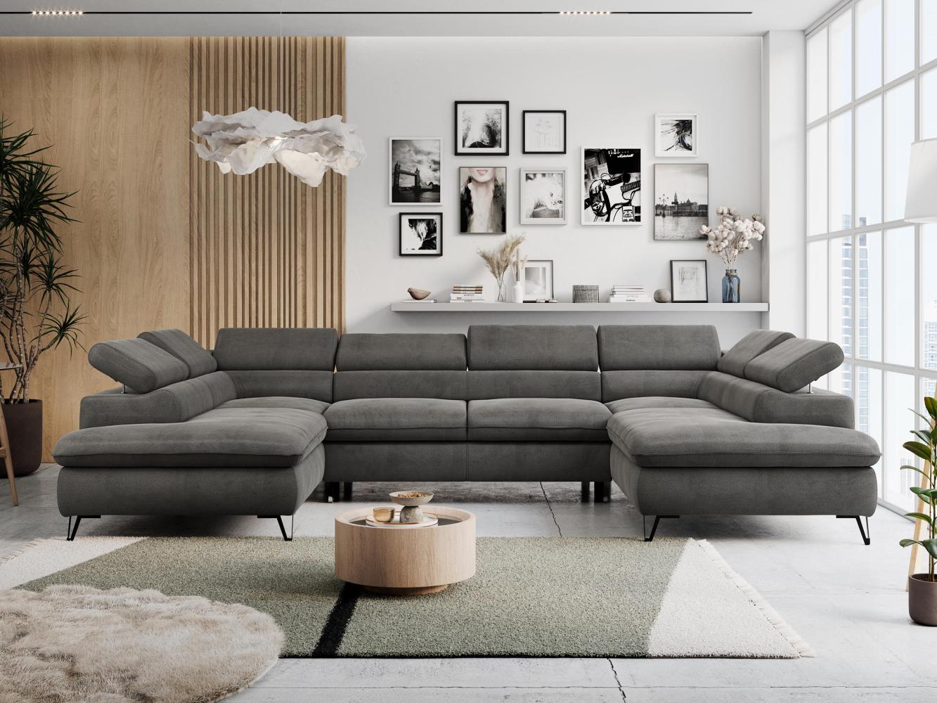 Ecksofa U-Form, mit Bettkasten, Bettfunktion und Einstellbare Kopfstützen, Sofa big XXL - PETER U - Dunkelgrau Velours Bild 1