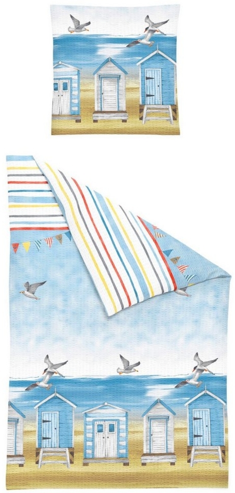JACK Bettwäsche 135x200cm, Küstentraum Blau Weiß, Seersucker, 2 teilig, schönes Küstenmotiv Bild 1