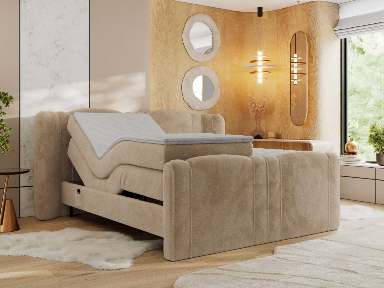 Elektrisch Boxspringbett Multipocket-Matratzen, elektrisch verstellbar, Polsterbett mit Bettkästen - FORTINA - 180 x 200 cm - Beige Plüsch - H4 Bild 1