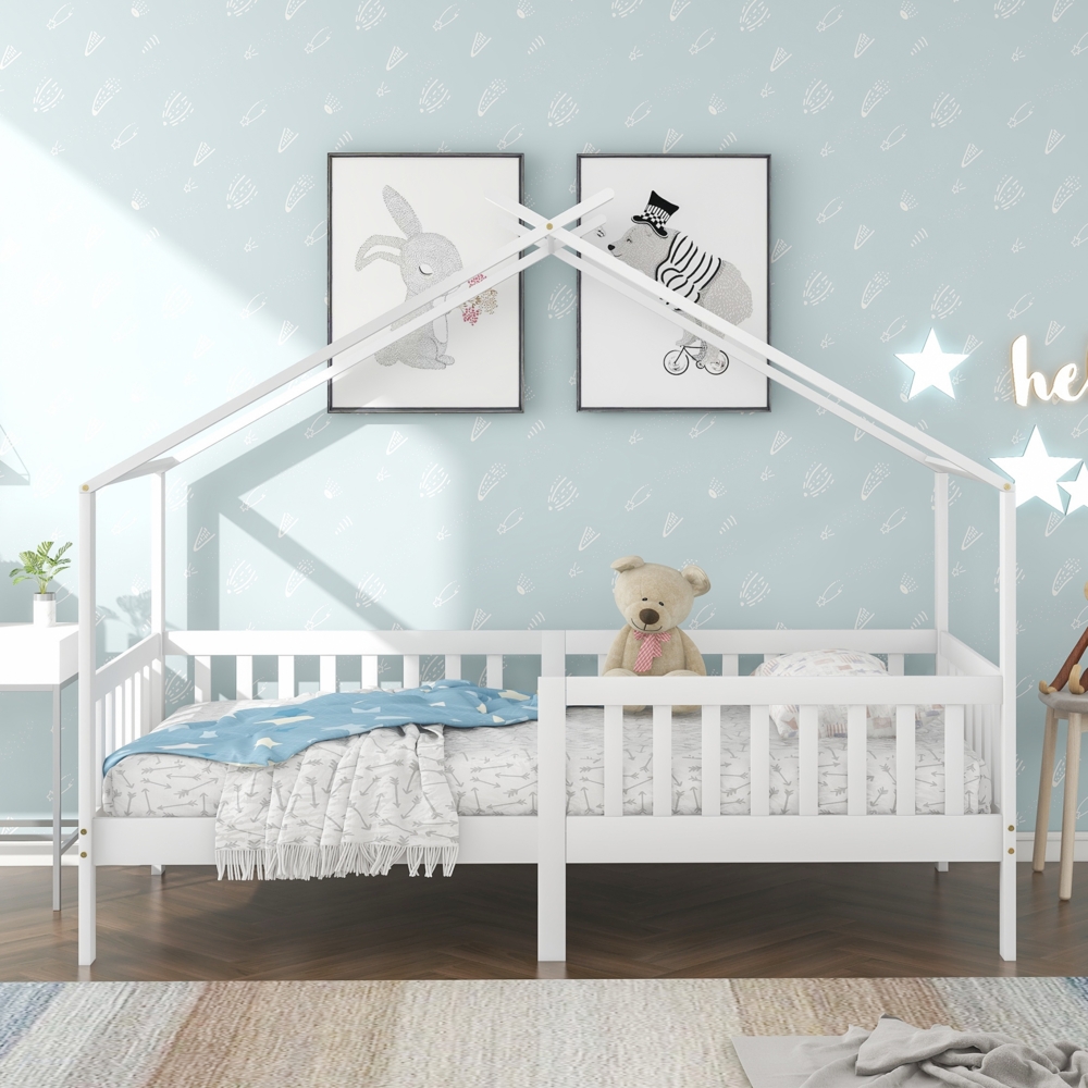 Hausbett Kinderbett Massivholz Kiefer Weiß Mit Sicherheitszaun & Stauraum,100 kg Tragkraft 90x200 cm Bild 1