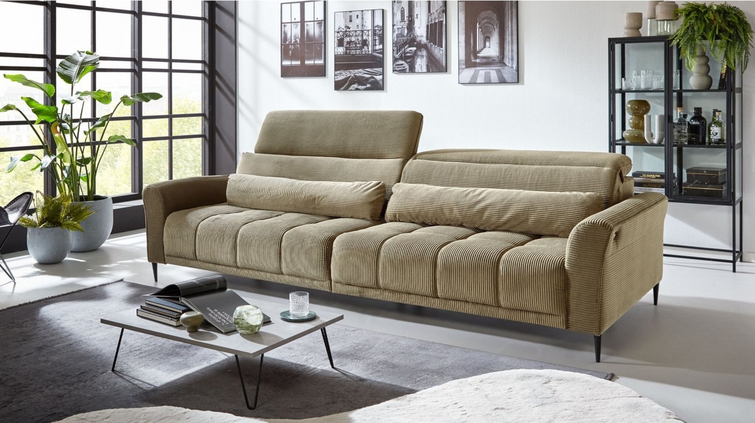 Massivart® Big-Sofa LOGAN Cord grün, grau, beige, rost 280 cm / 4-Sitzer, Sitztiefenverstellung / Kopfteilverstellung / Armlehnverstellung Bild 1