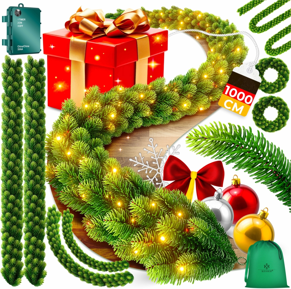 KESSER® Weihnachtsgirlande | Naturgetreues Tannengrün - wie echt - IP 44 Outdoor & Indoor Girlande - Treppen, Tür, Balkon, Weihnachtsdeko + Tasche - Dunkelgrün Mit LED, 1000 cm Bild 1