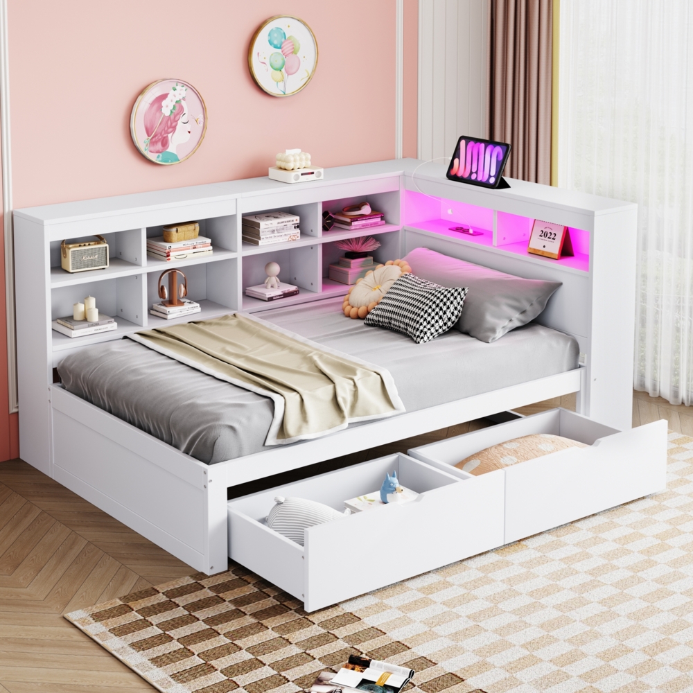 Merax Daybett Massivholzsofa 90*200 cm, Mit Ablagefächern, Bett mit USB- und Steckdose mit LED-Leiste, Mit Regalen und Ablagefächern, Viel Stauraum, Multifunktionales Einzelholzbett, Weiß Bild 1