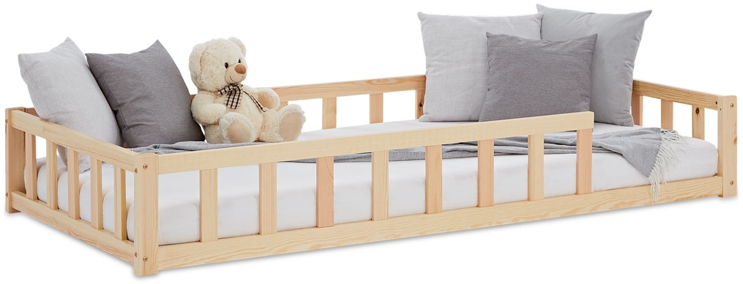 Kinderbett 90x200 Bodenbett mit Rausfallschutz Montessori Bett Kleinkindbett Holz Kiefer Natur Massiv Einzelbett Lattenrost Bettgestell Bild 1