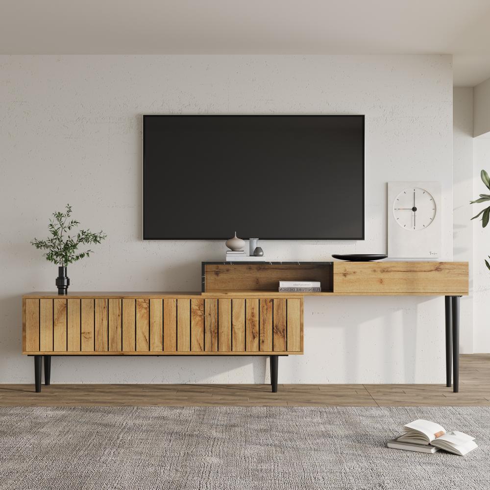 Merax Lowboard mit Tischplatte in Marmoroptik und Metallbeine, TV-Schrank stapelbar, TV-Board Länge verstellbar, Bis 200cm, Natur Bild 1