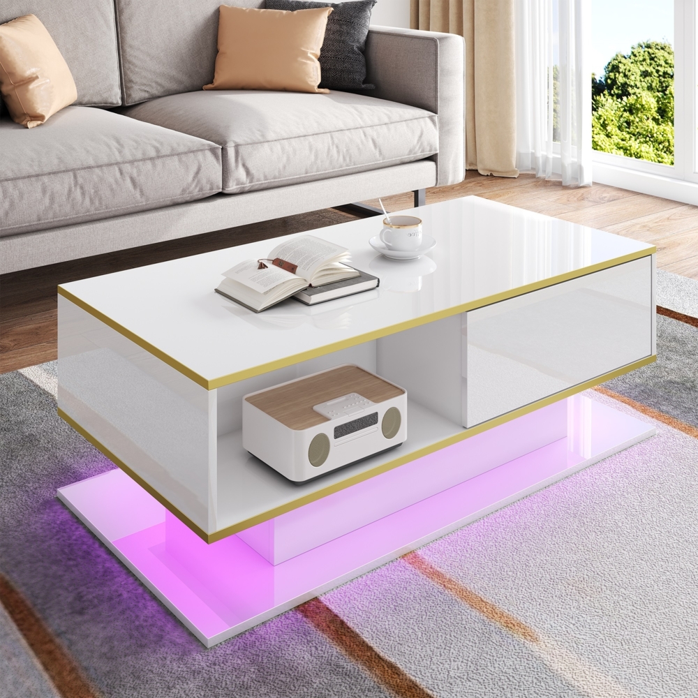 Merax LED-Couchtisch mit Hochglanzoberfläche, Goldverzierung, drei Schubladen und einem offenen Fach mit farbwechselndem LED-Lichtstreifen, weiß Bild 1