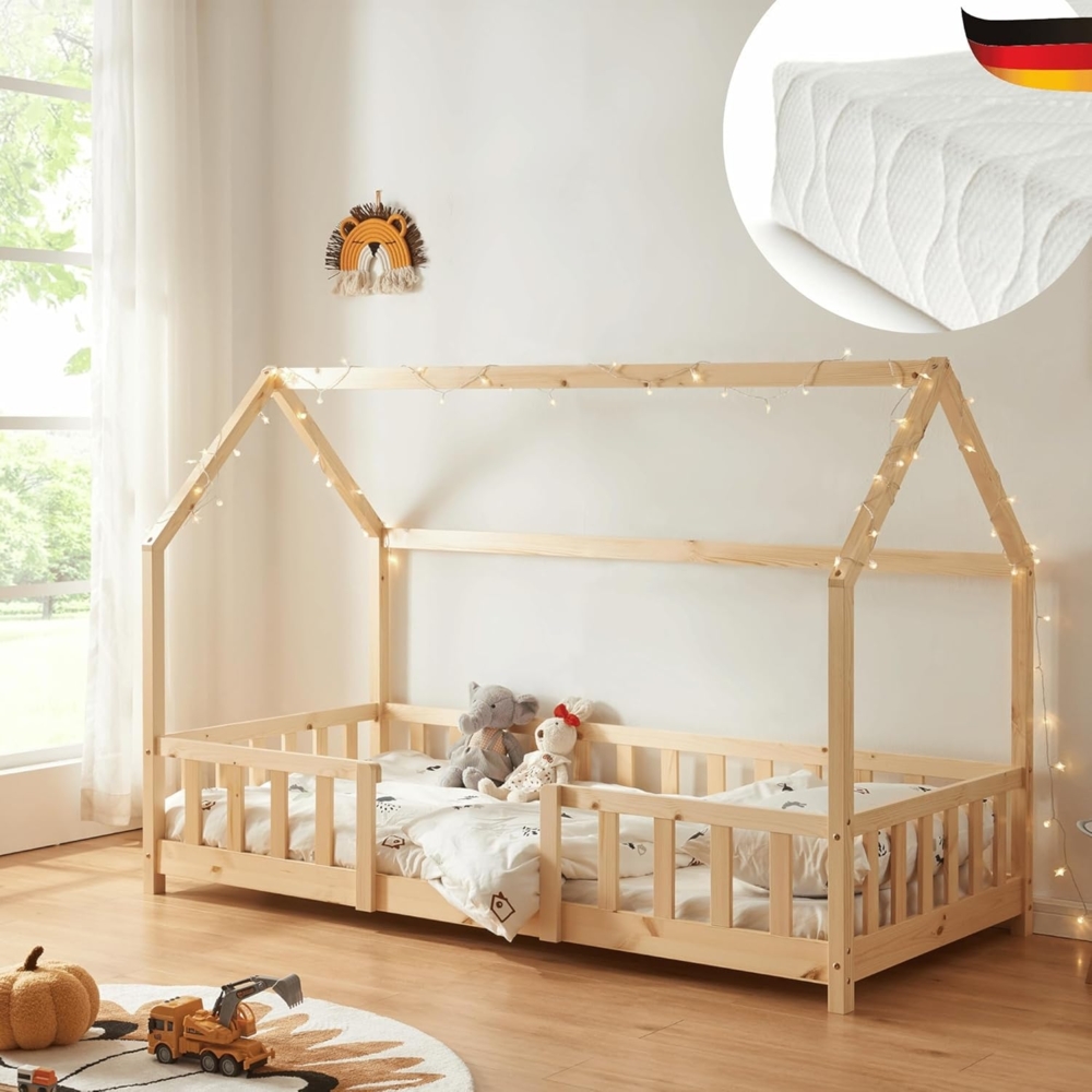 DELUKE® Kinderbett 90x200 cm LULO - Inkl. Matratze Lattenrost Rausfallschutz Einzelbett Hausbett Kinderzimmer Bodenbett Kinder Bett Klein Montessori Bett Braun Bild 1