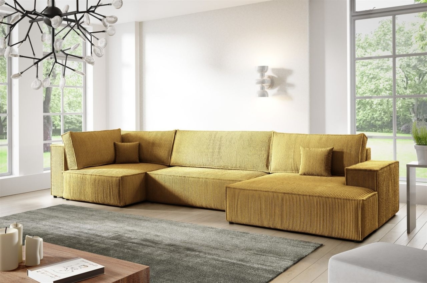 Wohnlandschaft Schlafsofa CORUNIA Stoff Poso Honiggelb Ottomane Rechts Bild 1