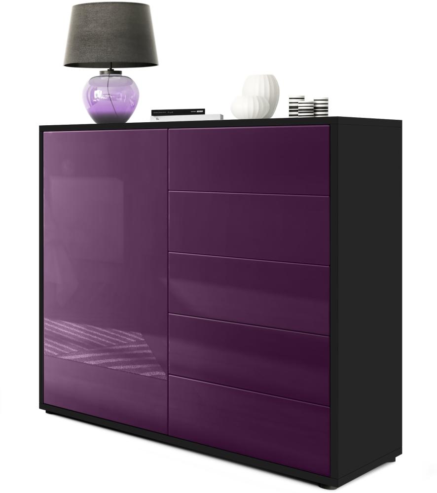 Vladon Sideboard Ben V2, Kommode mit 1 Tür und 5 Schubladen, Schwarz matt/Brombeer Hochglanz (79 x 74 x 36 cm) Bild 1