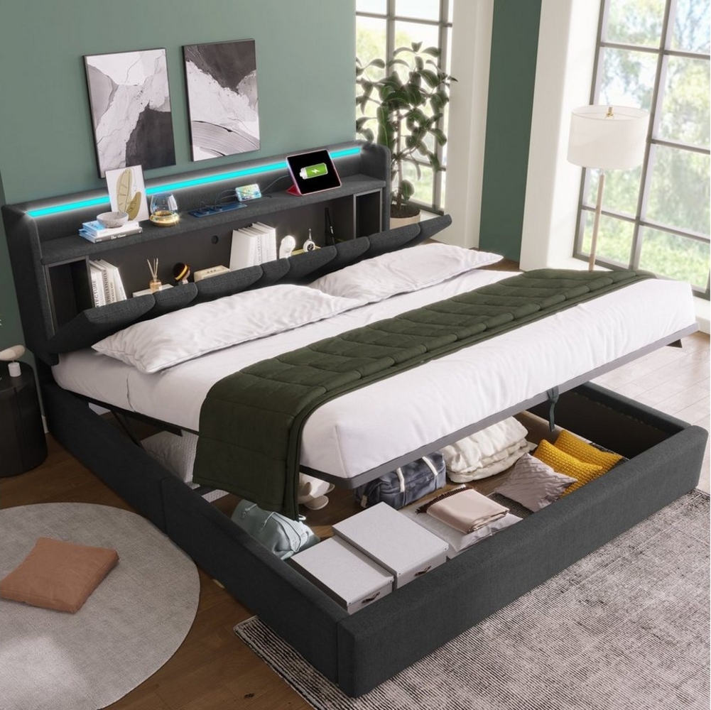 HAUSS SPOLE Polsterbett Polsterbett hydraulisches Doppelbett Funktionsbett Bettrahmen (140x200cm Stauraumbetten Bettgestell, Lattenrost aus Holz, mit aufladen USB Ladefunktion Stauraum-Kopfteil), LED-Beleuchtung Bild 1