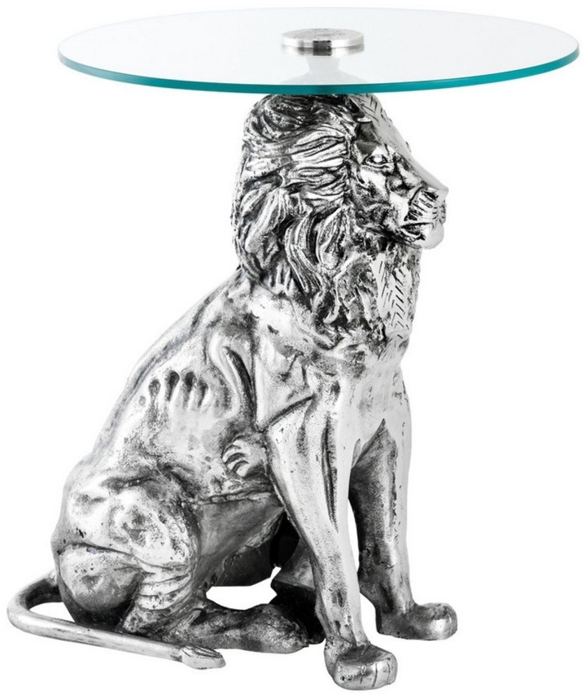 riess-ambiente Beistelltisch WILDLIFE LION 60cm silber antik / transparent · Couchtisch aus Metall (Einzelartikel, 1-St), Wohnzimmertisch mit Glas-Tischplatte · rund · handmade · Löwen-Statue Bild 1