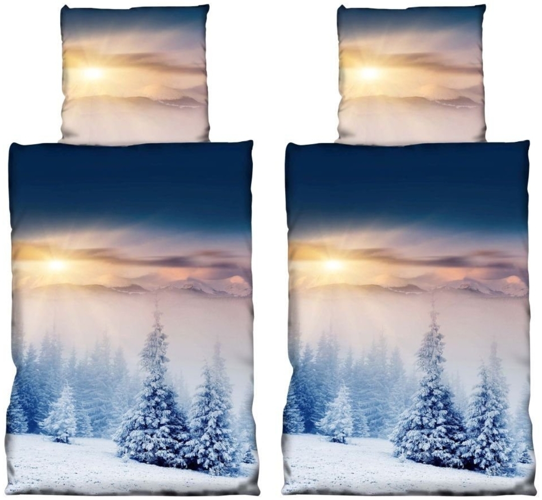 Leonado Vicenti Bettwäsche 4 tlg Winter Mikrofaser Microfaser Thermofleece Bettwäsche 135x200 cm Thermo Fleece Flausch Winterlandschaft Schnee Tannenbaum weich kuschelig warm Winterhills Blau, Fleece, 4 teilig Bild 1