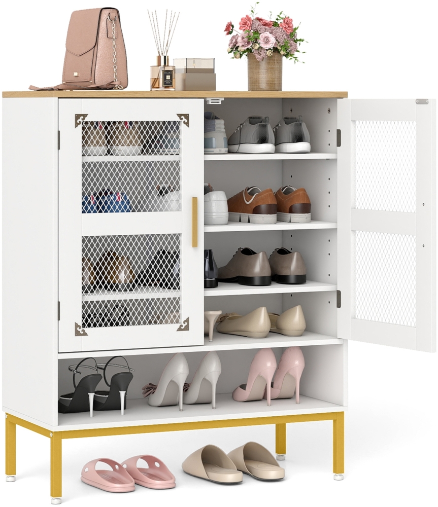 Moderner Holz Schuhschrank mit Mesh Türen & Metallbeinen & Verstellbaren Regalen Weiß Bild 1
