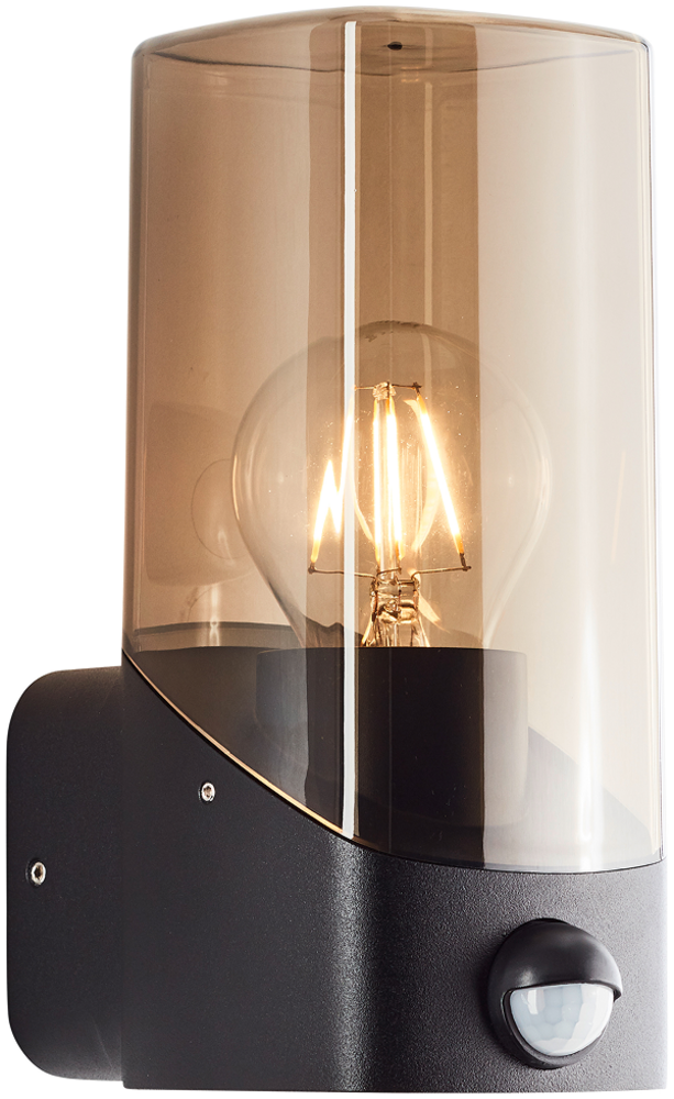 Brilliant Minou Außenwandleuchte mit Bewegungsmelder - Wandleuchte außen schwarz/Rauchglas E27 - Standard & LED Leuchtmittel geeignet - Außenleuchte modern für Hauswand, Terrasse, Eingang Bild 1