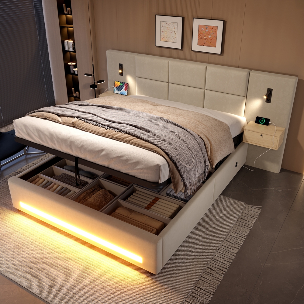 Polsterbett 180x200 cm mit Samt, LED, USB-C, Stauraum, Kopfteil-Schubladen, Hydraulik, Metallrahmen, Boxspring geeignet Bild 1