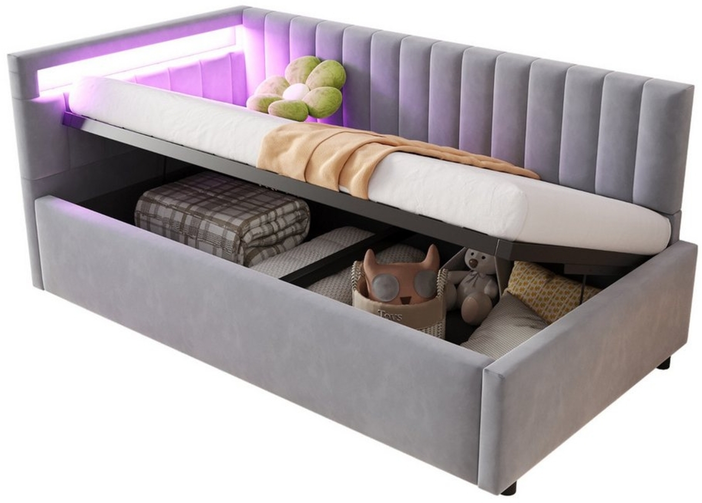 OKWISH Schlafsofa Polsterbett Stauraumbett, Kinderbett mit LED-Umgebungslicht, mit hydraulischem Stauraum & verstellbarem Kopfteil, Samtstoff, für Wohnzimmer, Gästezimmer & kleine Räume, Lattenrost inkl, mit Matratze Bild 1