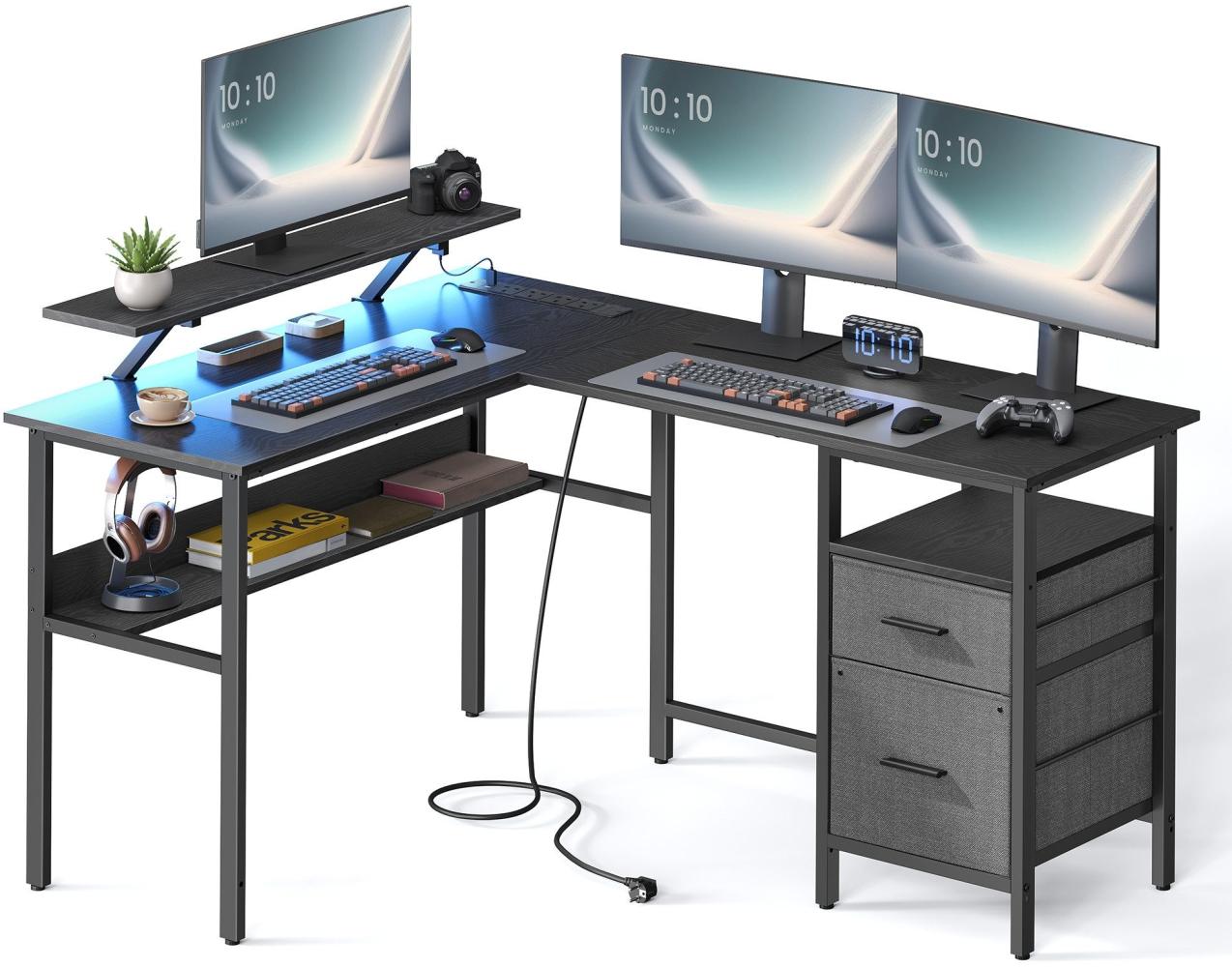 Vasagle L-förmiger Schreibtisch mit Steckdosen, Eckschreibtisch, Computertisch, Monitorständer, Gaming-Tisch, LED-Beleuchtung, USB-Anschlüsse, einfache Montage, Homeoffice, ebenholzschwarz von Songmics Bild 1