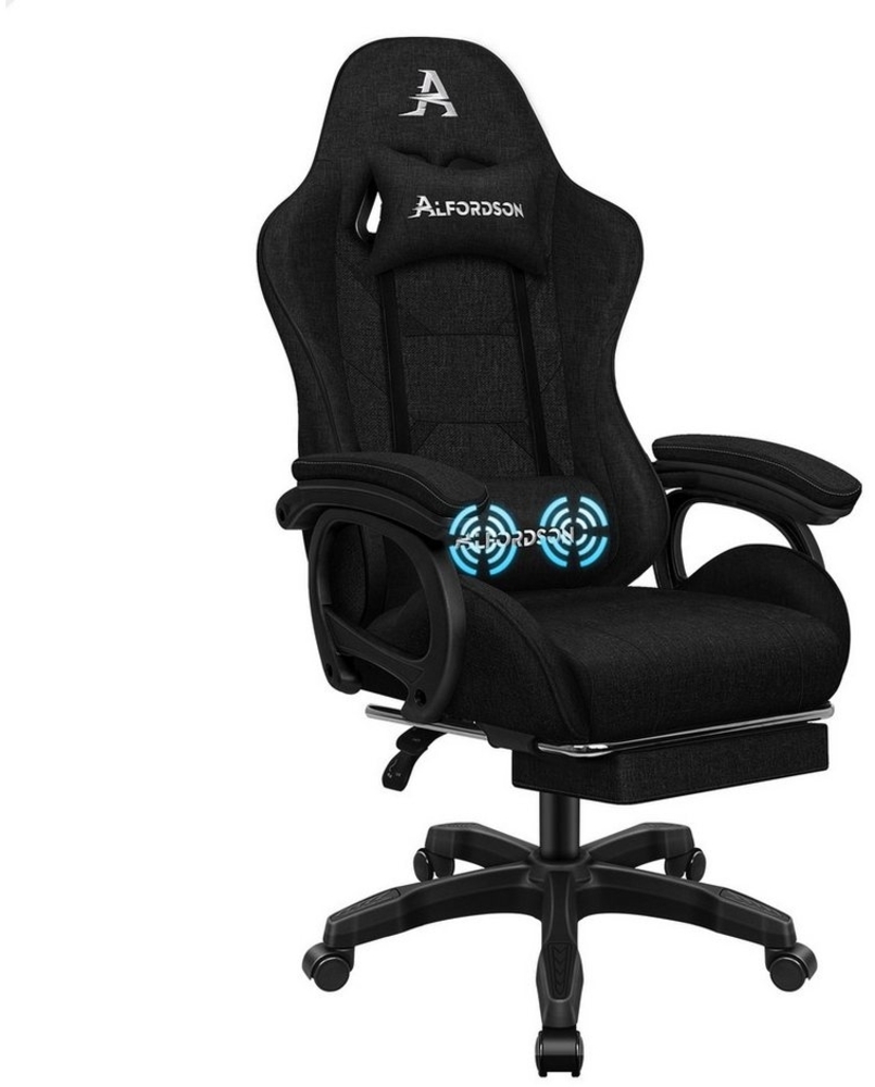 ALFORDSON Gaming-Stuhl mit Massage-Lordosenstütze, ergonomisch, mit Kopfstütze, höhenverstellbar, Stoffbezug, schwarz Bild 1