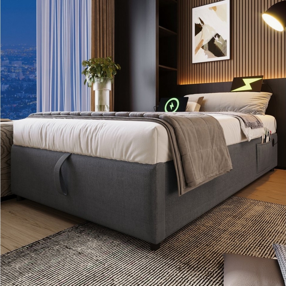 TavilaEcon Boxspringbett mit USB- C und Vollflächiger Lattenrost, ohne Kopfteil, 90×190/140×200/160×200/90×200cm, Metall + Leinen + Massivholz, grau Bild 1