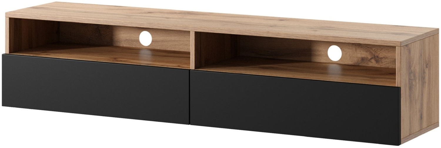 Selsey 'Rednaw' TV-Schrank mit zwei Schubladen, Holzoptik Eiche / Hochglanz Schwarz mit LED, 140 cm Bild 1