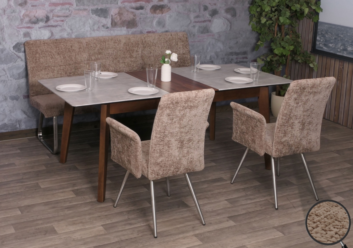 Esszimmer-Set HWC-G55, 2er-Set Stuhl mit Armlehne+Sitzbank 180cm, Edelstahl gebürstet Stoff/Textil Chenille ~ braun Bild 1