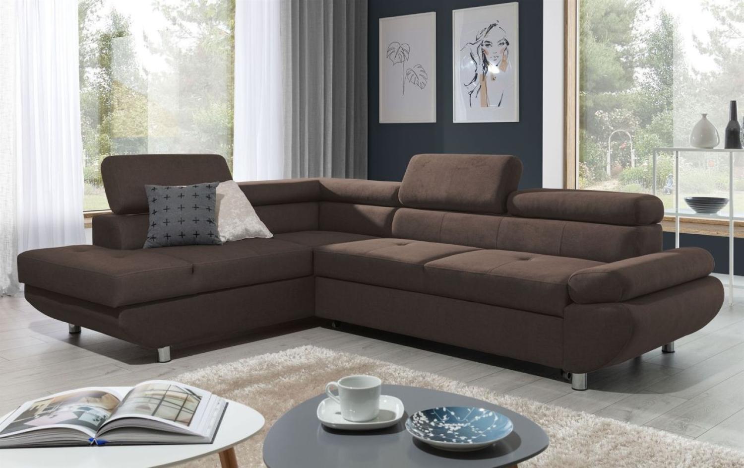 Ecksofa Sofa PANOS Stoff Esito Braun mit Schlaffunktion Ottomane Links Bild 1