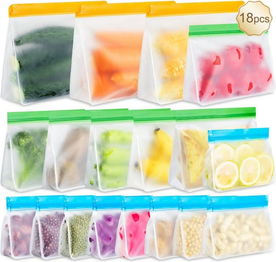 SURFOU Frischhaltedose 18 Stück Gefrierbeutel Wiederverwendbar Aufbewahrungsbeutel Zipper, mit Stehendes Boden-Design Silikonbeutel für Lebensmittel Küche Bild 1