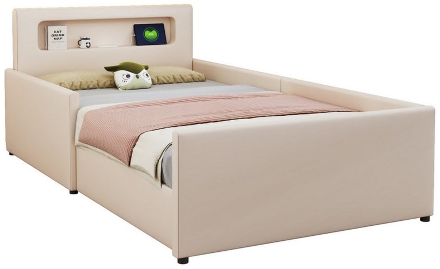 HAUSS SPLOE Polsterbett 90x200cm mit Nachtlicht und USB-Ladeanschluss, Ablagefächern, Beige (Mit Nachtlicht und USB-Ladeanschluss, Mit Ablagefächern, Erhöhte Seitenteile zur Sicherheit, Einfaches Einzelbett, Jungen- und Mädchenbett, 90x200cm), ohne Mat... Bild 1