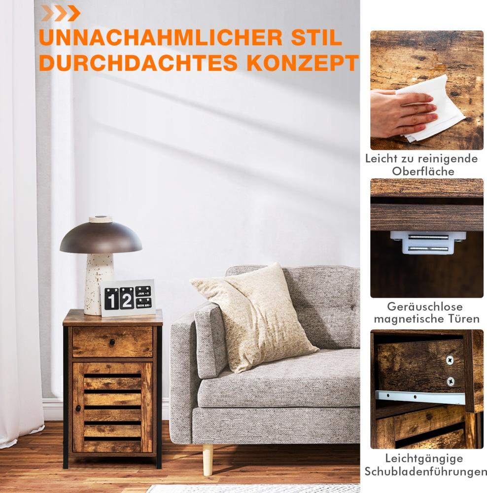 COSTWAY Vintage Nachttische mit Schublade, Beistelltisch mit höhenverstellbarer Ablage, Kaffeetisch Holz, Sofatisch für Wohnzimmer, Schlafzimmer, Arbeitszimmer, Büro Bild 1