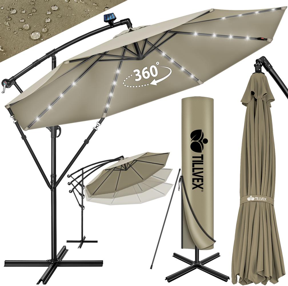 tillvex Alu Ampelschirm Braun LED Solar Ø 300 cm mit Kurbel | Sonnenschirm mit An-/Ausschalter | Gartenschirm UV-Schutz Aluminium | Kurbelschirm mit Ständer Marktschirm wasserdicht Bild 1