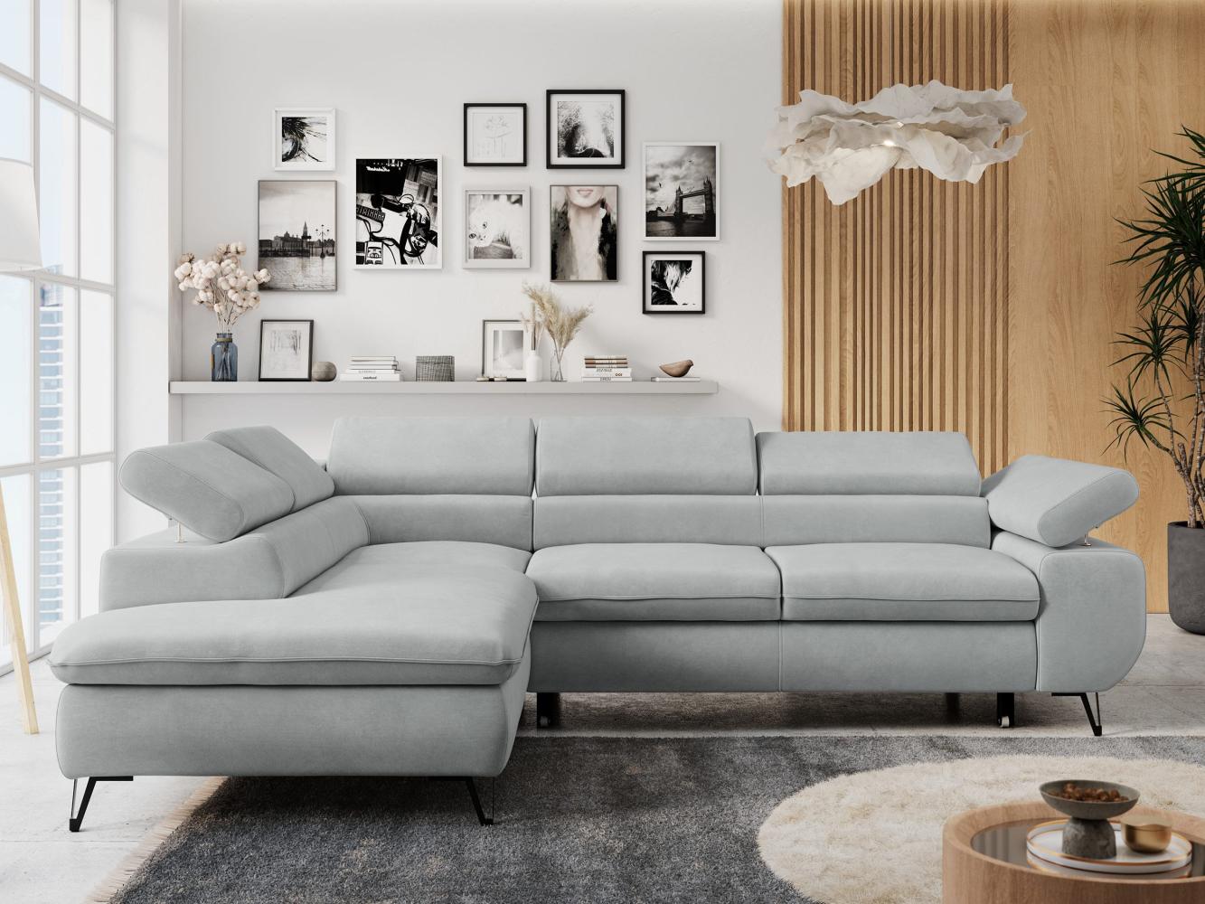 Ecksofa mit Bettfunktion, Modern Sofa, L-form, Einstellbare Kopfstützen, Bettkasten, PETER, 1x Ecksofa, 1x Topper, Hellgrau, Mikrofaser, links Bild 1