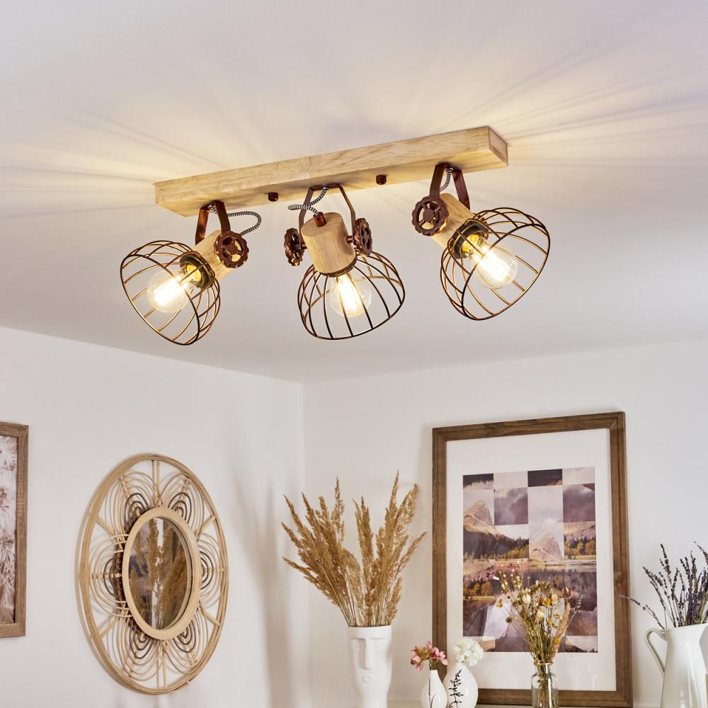 hofstein Deckenleuchte »Cotes« Deckenlampe, Holz/Metall, Natur/Rostfarbene Schirme, ohne Leuchtmittel, Holzbalken, Textilkabel u. verstellbaren Strahlern, E27, Gitter-Optik Bild 1