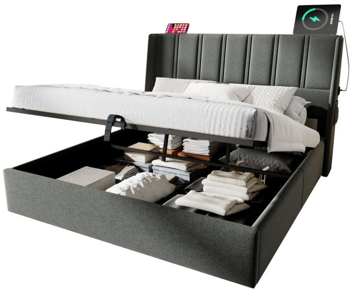 BlingBin Stauraumbett Polsterbett Bett mit Lattenrost aus Metallrahmen (1-tlg, Einzelbett 140x200cm mit USB/Typ-C Ladeanschlüsse), Seitentasche, Leinen, Grau Bild 1