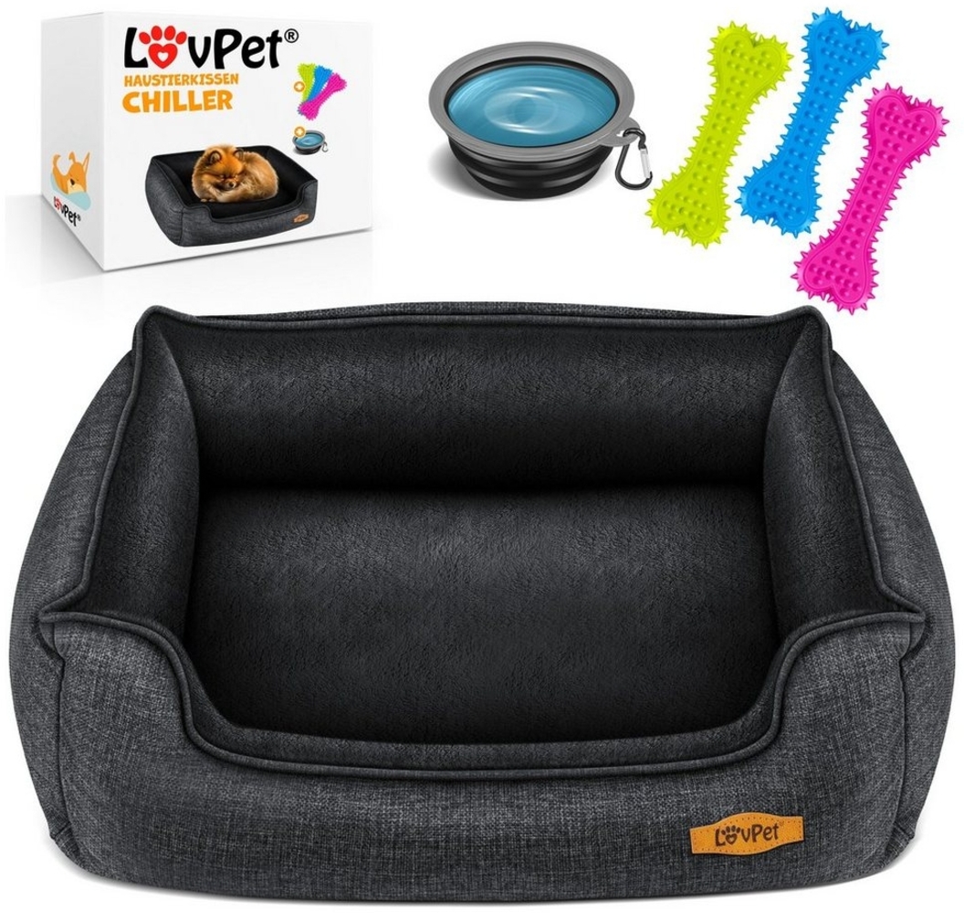 LovPet® Hundebett Hundekissen Hundekorb Chiller, Inkl. Napf + 3X Kauknochen, Hundesofa Kissen für Kleine, Mittelgroße & Große Hunde, Bezug abnehmbar und waschbar Anthrazit, L (90 x 75 x 25 cm) Bild 1
