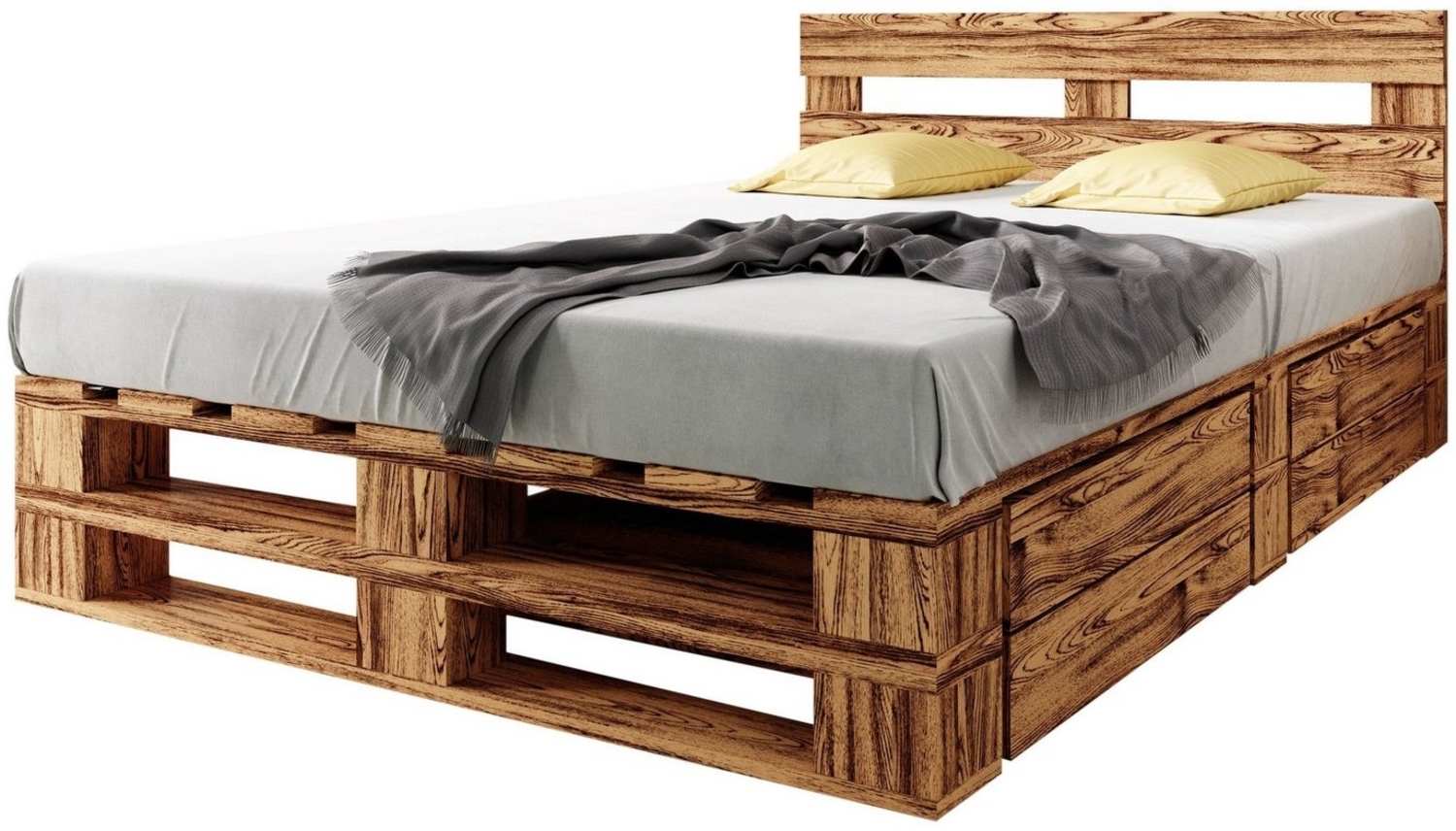 sunnypillow Palettenbett M2 aus Holz 180x200 cm mit Kopfteil und 2 Bettkästen. Doppelbett, Familienbett - erhöhtes Ehebett Bettgestell Futonbett Komforthöhe Geflammt Massivholzbett Bild 1